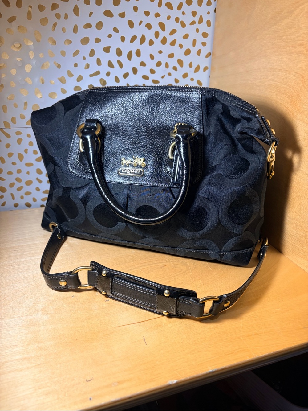 Coach Black Signature Satchel with Gold Hardware and Detachable Strap